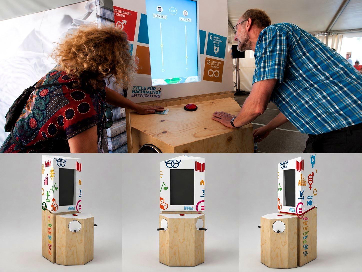 Wanderausstellung „Zusammenspiel“ – Besucher an der Spielstation und Design-Ansichten der Station